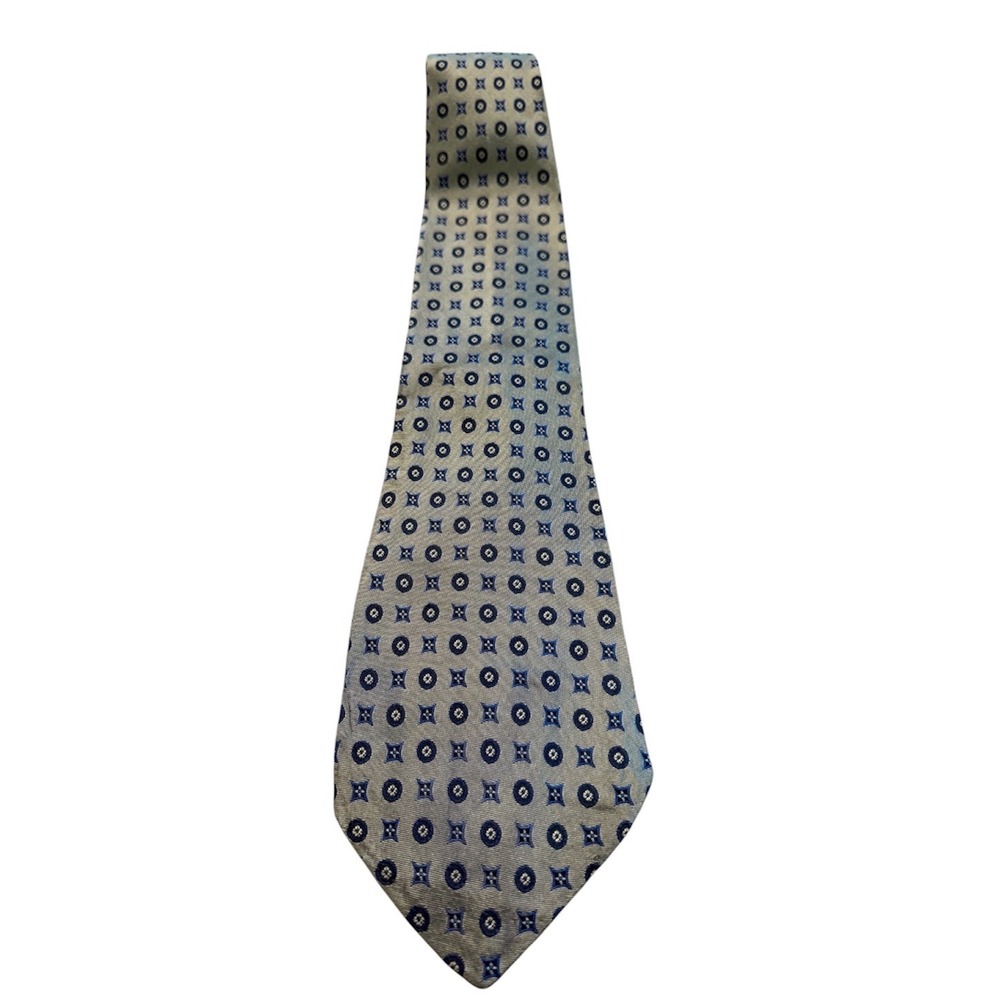 Fratelli Italy Handmade 100% Silk Tie Blue‎ Gold Geometric Medallion Luxury